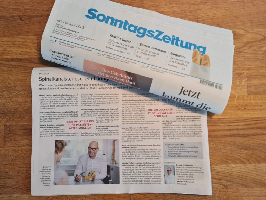 Dr. med Cyrill Dennler, Wirbelsäulenspezialist in einem Beitrag in der Sonntagszeitung